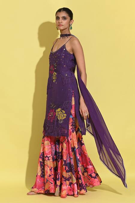 Rishi and Vibhuti_Blue Organza, Crepe Crystals, Embroidery, Blossom Patchwork Kurta Sharara Set_Online_at_Aza_Fashions