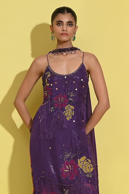 Buy_Rishi and Vibhuti_Blue Organza, Crepe Crystals, Embroidery, Blossom Patchwork Kurta Sharara Set_Online_at_Aza_Fashions