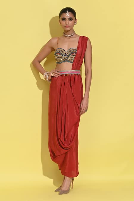 Rishi and Vibhuti Red Crepe Sequins Sweetheart Neck Embellished Blouse And Cowl Draped Skirt Online at Aza Fashions Rishi and Vibhuti_Red Crepe Sequins Sweetheart Neck Embellished Blouse And Cowl Draped Skirt _Online_at_Aza_Fashions