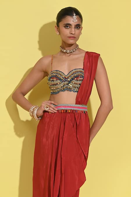 Buy Rishi and Vibhuti Red Crepe Sequins Sweetheart Neck Embellished Blouse And Cowl Draped Skirt Online at Aza Fashions Buy_Rishi and Vibhuti_Red Crepe Sequins Sweetheart Neck Embellished Blouse And Cowl Draped Skirt _Online_at_Aza_Fashions