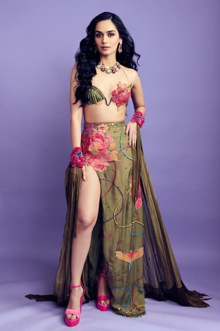 Rishi and Vibhuti Green Organza Beads, Metallic Thread Hand Embroidered Bralette And Skirt Set Online at Aza Fashions Rishi and Vibhuti_Green Organza Beads, Metallic Thread Hand Embroidered Bralette And Skirt Set _Online_at_Aza_Fashions