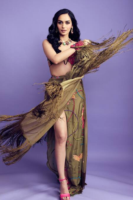 Shop Rishi and Vibhuti Green Organza Beads, Metallic Thread Hand Embroidered Bralette And Skirt Set Online at Aza Fashions Shop_Rishi and Vibhuti_Green Organza Beads, Metallic Thread Hand Embroidered Bralette And Skirt Set _Online_at_Aza_Fashions