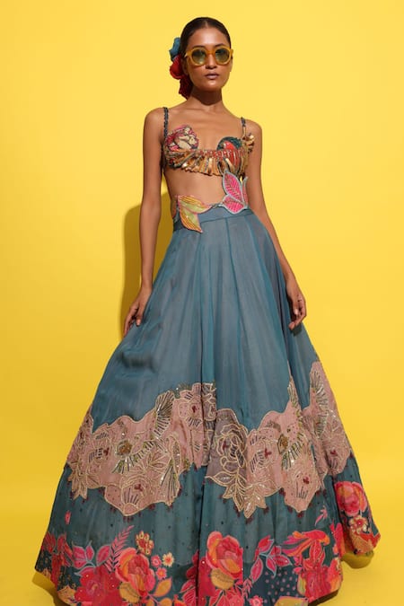 Rishi and Vibhuti Blue Organza Beads, Embroidery, Sequins, Cyan Floral Work Lehenga Set Online at Aza Fashions Rishi and Vibhuti_Blue Organza Beads, Embroidery, Sequins, Cyan Floral Work Lehenga Set _Online_at_Aza_Fashions