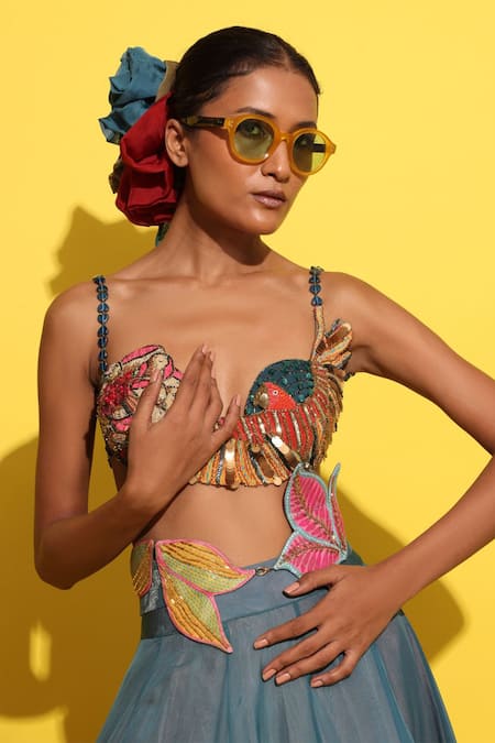 Shop Rishi and Vibhuti Blue Organza Beads, Embroidery, Sequins, Cyan Floral Work Lehenga Set Online at Aza Fashions Shop_Rishi and Vibhuti_Blue Organza Beads, Embroidery, Sequins, Cyan Floral Work Lehenga Set _Online_at_Aza_Fashions