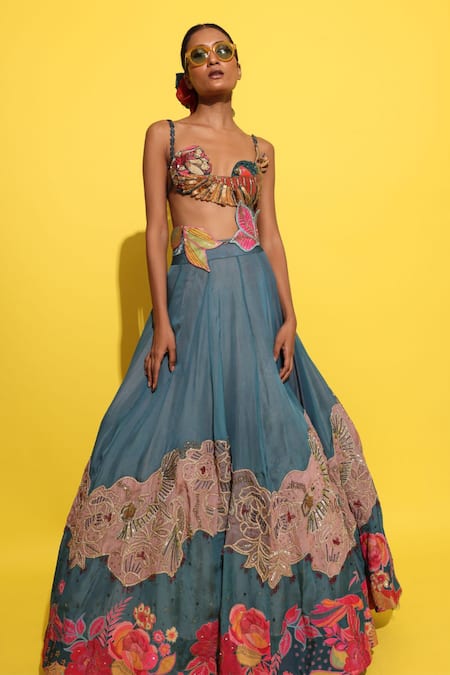 Rishi and Vibhuti Blue Organza Beads, Embroidery, Sequins, Cyan Floral Work Lehenga Set at Aza Fashions Rishi and Vibhuti_Blue Organza Beads, Embroidery, Sequins, Cyan Floral Work Lehenga Set _at_Aza_Fashions