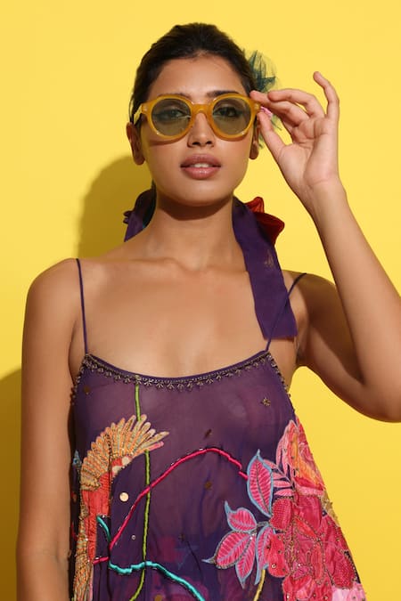 Rishi and Vibhuti_Purple Embroidery Floral Applique Cape And Pant Set _Online_at_Aza_Fashions