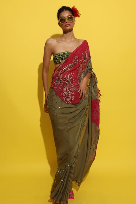 Rishi and Vibhuti Hand Embroidered Olive Green Saree Set 