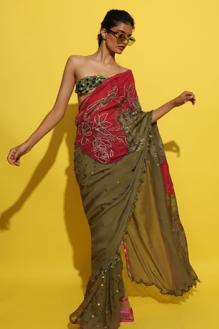Rishi and Vibhuti_Green Crepe Beads, Cut Work, Embroidery, Sequins Square Hand Olive Saree Set _Online_at_Aza_Fashions