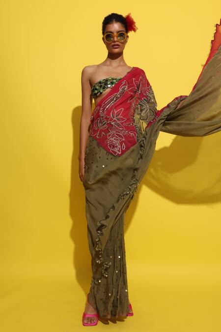 Buy_Rishi and Vibhuti_Green Crepe Beads, Cut Work, Embroidery, Sequins Square Hand Olive Saree Set _Online_at_Aza_Fashions