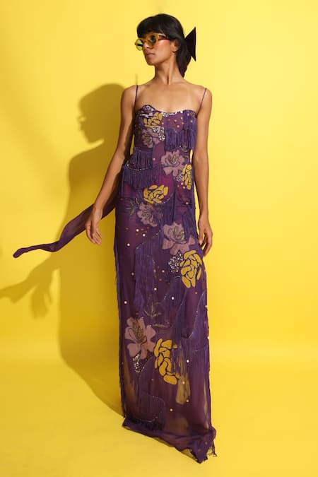 Rishi and Vibhuti Purple Hand Embroidered Maxi Dress 