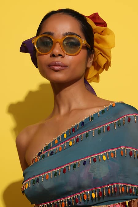 Rishi and Vibhuti_Blue Crepe Beads, Crystals, Fabric Flowers Cyan Embellished Lehenga Set _Online_at_Aza_Fashions