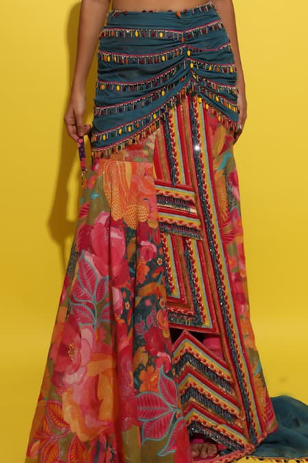 Buy_Rishi and Vibhuti_Blue Crepe Beads, Crystals, Fabric Flowers Cyan Embellished Lehenga Set _Online_at_Aza_Fashions