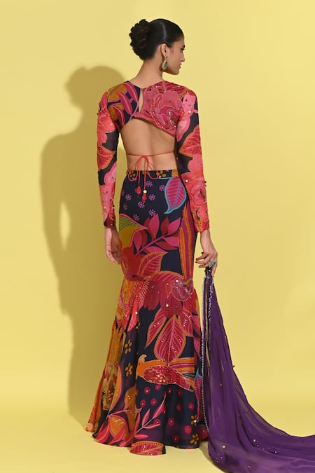 Rishi And Vibhuti Queen Rosette Print Blouse & Pencil Skirt Set 