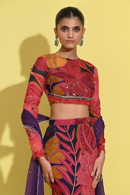 Rishi and Vibhuti_Red Crepe, Organza, Chiffon Cut Queen Rosette Print Blouse And Pencil Skirt Set _Online_at_Aza_Fashions