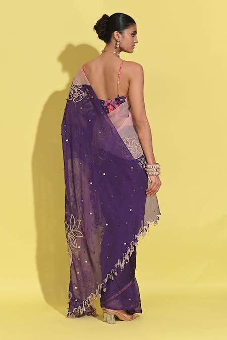 Rishi and Vibhuti Hand Embroidered Purple Saree Set 
