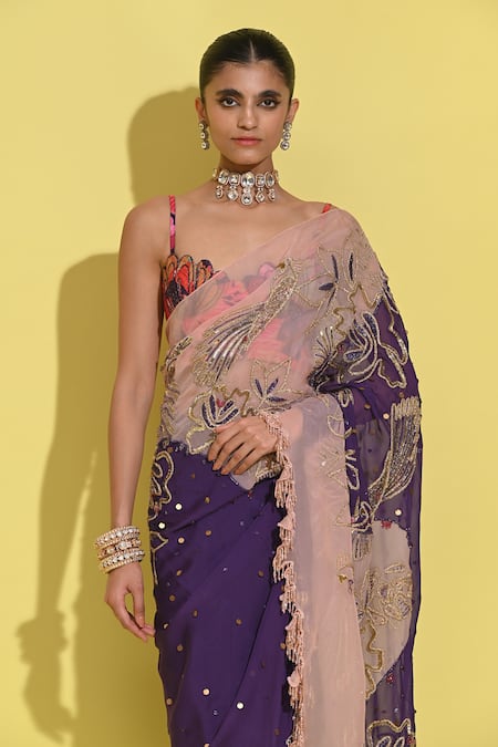 Rishi and Vibhuti_Purple Crepe, Organza Embroidery, Sequins, Cut Work Sweetheart Hand Saree Set _Online_at_Aza_Fashions