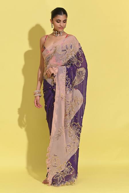 Buy_Rishi and Vibhuti_Purple Crepe, Organza Embroidery, Sequins, Cut Work Sweetheart Hand Saree Set _Online_at_Aza_Fashions