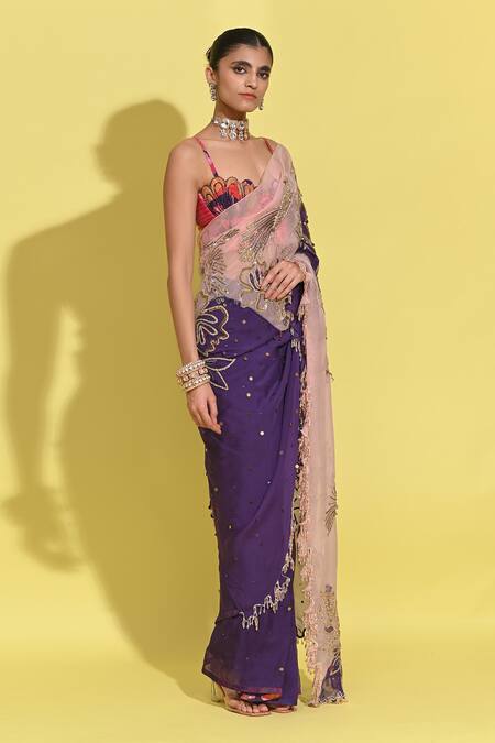 Shop_Rishi and Vibhuti_Purple Crepe, Organza Embroidery, Sequins, Cut Work Sweetheart Hand Saree Set _Online_at_Aza_Fashions