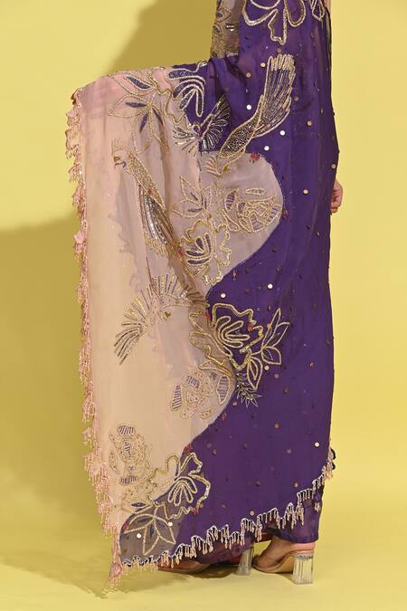 Rishi and Vibhuti_Purple Crepe, Organza Embroidery, Sequins, Cut Work Sweetheart Hand Saree Set _at_Aza_Fashions