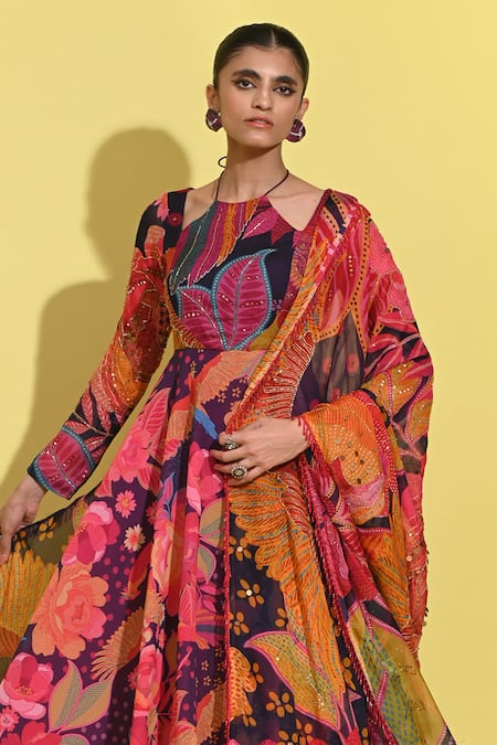 Shop_Rishi and Vibhuti_Purple Crepe, Organza Sequins, Cut Work Rosette Print Anarkali Set With Dupatta _Online_at_Aza_Fashions