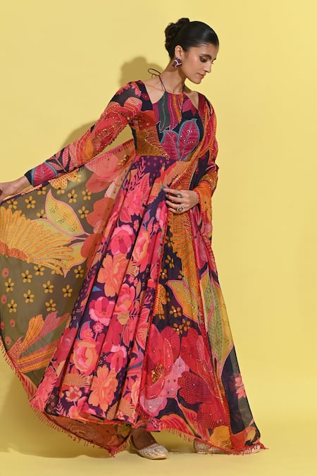 Rishi and Vibhuti_Purple Crepe, Organza Sequins, Cut Work Rosette Print Anarkali Set With Dupatta _at_Aza_Fashions