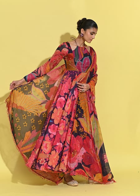 Buy_Rishi and Vibhuti_Purple Crepe, Organza Sequins, Cut Work Rosette Print Anarkali Set With Dupatta 