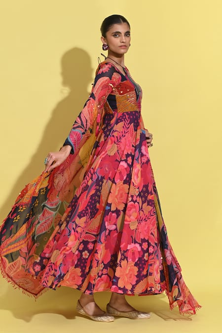 Shop_Rishi and Vibhuti_Purple Crepe, Organza Sequins, Cut Work Rosette Print Anarkali Set With Dupatta 