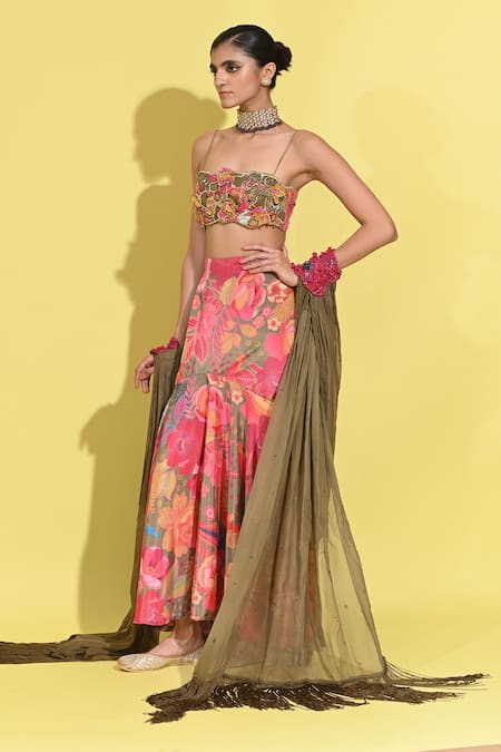 Shop Rishi and Vibhuti Pink Crepe, Chiffon Applique, Sequins, Mehroo Hand Blouse And Skirt Set Online at Aza Fashions Shop_Rishi and Vibhuti_Pink Crepe, Chiffon Applique, Sequins, Mehroo Hand Blouse And Skirt Set _Online_at_Aza_Fashions