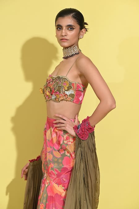 Rishi and Vibhuti Pink Crepe, Chiffon Applique, Sequins, Mehroo Hand Blouse And Skirt Set at Aza Fashions Rishi and Vibhuti_Pink Crepe, Chiffon Applique, Sequins, Mehroo Hand Blouse And Skirt Set _at_Aza_Fashions