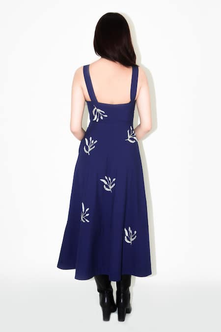 Shop Leh Studios Blue Viscose Beads, Sequins Sweetheart Neck Navy Embroidered Midi Dress at Aza Fashions Shop_Leh Studios_Blue Viscose Beads, Sequins Sweetheart Neck Navy Embroidered Midi Dress _at_Aza_Fashions