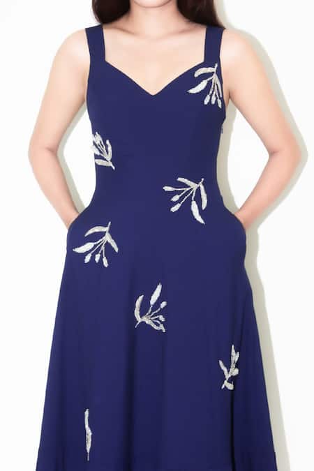 Leh Studios Blue Viscose Beads, Sequins Sweetheart Neck Navy Embroidered Midi Dress Online at Aza Fashions Leh Studios_Blue Viscose Beads, Sequins Sweetheart Neck Navy Embroidered Midi Dress _Online_at_Aza_Fashions