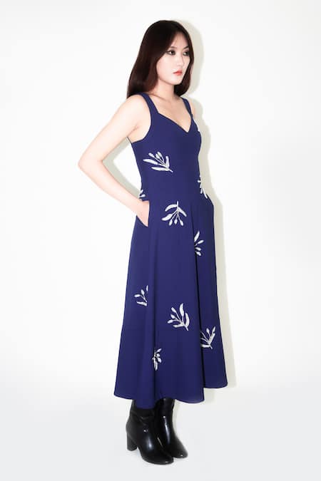 Shop Leh Studios Blue Viscose Beads, Sequins Sweetheart Neck Navy Embroidered Midi Dress Online at Aza Fashions Shop_Leh Studios_Blue Viscose Beads, Sequins Sweetheart Neck Navy Embroidered Midi Dress _Online_at_Aza_Fashions