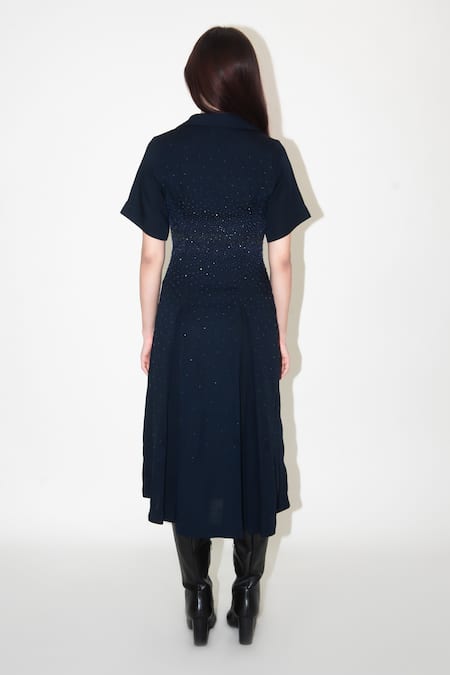 Shop Leh Studios Blue Linen Beads Collared Gradient Embellished Midi Dress at Aza Fashions Shop_Leh Studios_Blue Linen Beads Collared Gradient Embellished Midi Dress _at_Aza_Fashions