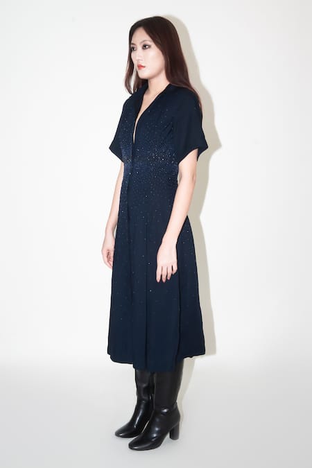 Leh Studios Blue Linen Beads Collared Gradient Embellished Midi Dress Online at Aza Fashions Leh Studios_Blue Linen Beads Collared Gradient Embellished Midi Dress _Online_at_Aza_Fashions