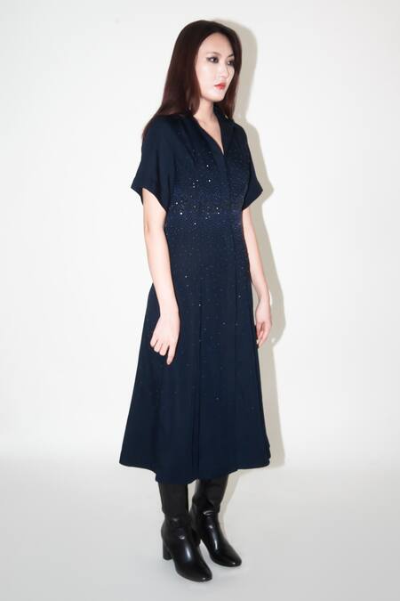 Buy Leh Studios Blue Linen Beads Collared Gradient Embellished Midi Dress Online at Aza Fashions Buy_Leh Studios_Blue Linen Beads Collared Gradient Embellished Midi Dress _Online_at_Aza_Fashions