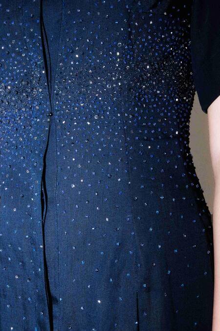 Shop Leh Studios Blue Linen Beads Collared Gradient Embellished Midi Dress Online at Aza Fashions Shop_Leh Studios_Blue Linen Beads Collared Gradient Embellished Midi Dress _Online_at_Aza_Fashions