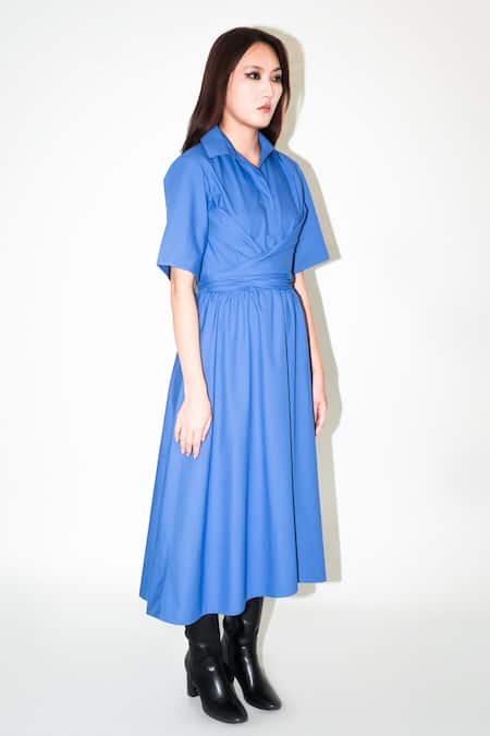 Buy Leh Studios Blue Cotton Collared Plain Tie-up Midi Dress Online at Aza Fashions Buy_Leh Studios_Blue Cotton Collared Plain Tie-up Midi Dress _Online_at_Aza_Fashions