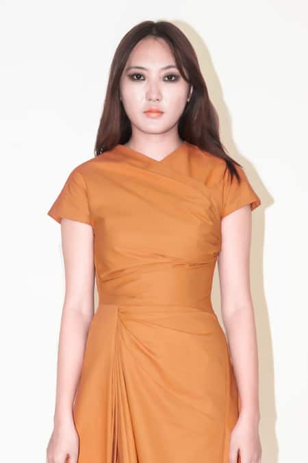 Leh Studios_Orange Cotton Round Neck Rust Draped Midi Dress _Online_at_Aza_Fashions