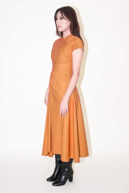 Buy_Leh Studios_Orange Cotton Round Neck Rust Draped Midi Dress _Online_at_Aza_Fashions