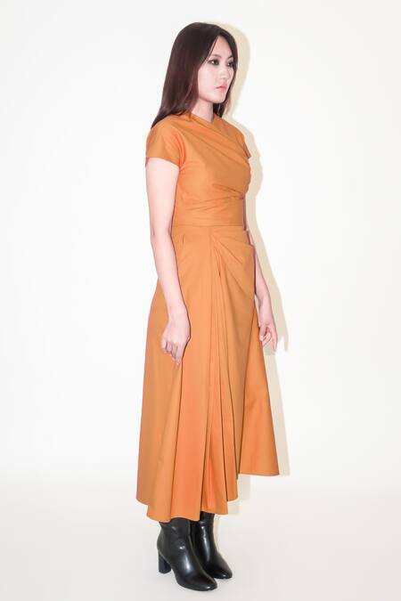 Shop_Leh Studios_Orange Cotton Round Neck Rust Draped Midi Dress _Online_at_Aza_Fashions
