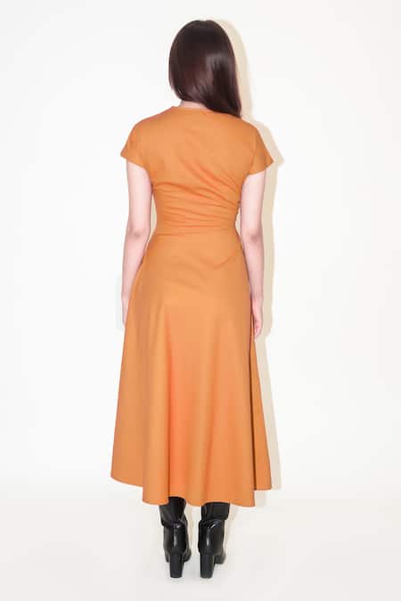 Shop_Leh Studios_Orange Cotton Round Neck Rust Draped Midi Dress _at_Aza_Fashions