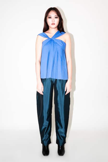 Leh Studios_Blue Cotton Halter Neck Hand Pleated Top _Online_at_Aza_Fashions