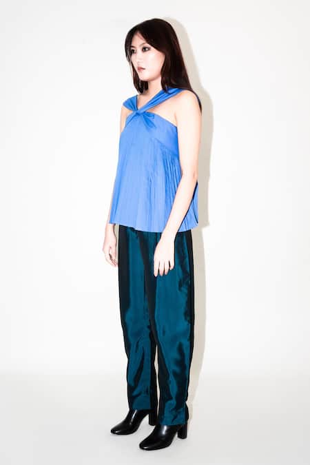 Buy_Leh Studios_Blue Cotton Halter Neck Hand Pleated Top _Online_at_Aza_Fashions