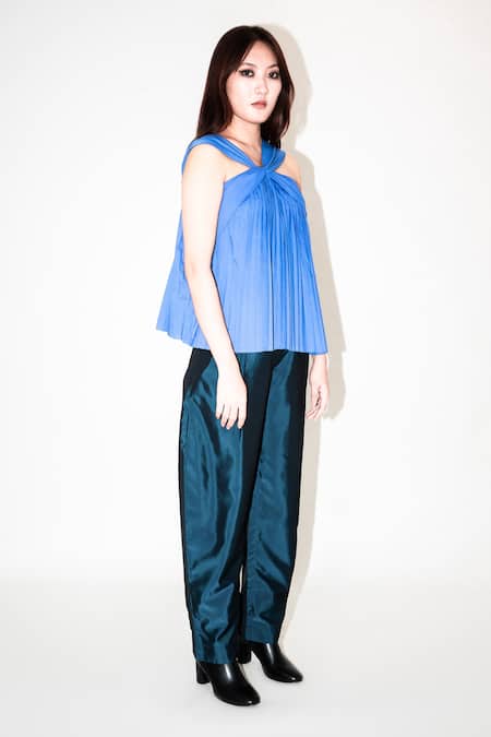 Shop_Leh Studios_Blue Cotton Halter Neck Hand Pleated Top _Online_at_Aza_Fashions