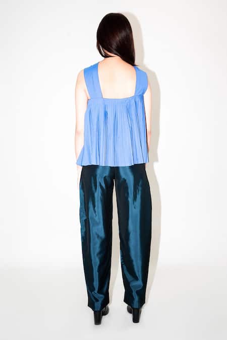 Shop_Leh Studios_Blue Cotton Halter Neck Hand Pleated Top _at_Aza_Fashions