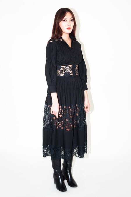 Leh Studios Black Cotton, Viscose Lace Collared Embellished Midi Dress Online at Aza Fashions Leh Studios_Black Cotton, Viscose Lace Collared Embellished Midi Dress _Online_at_Aza_Fashions