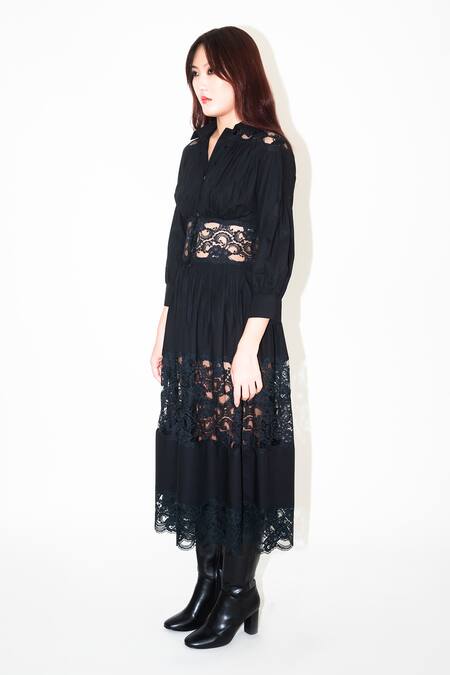 Buy Leh Studios Black Cotton, Viscose Lace Collared Embellished Midi Dress Online at Aza Fashions Buy_Leh Studios_Black Cotton, Viscose Lace Collared Embellished Midi Dress _Online_at_Aza_Fashions