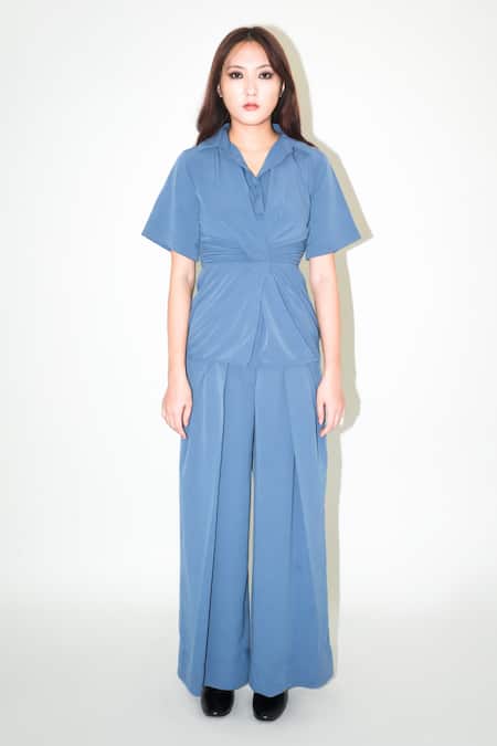 Leh Studios_Blue Viscose Collared Azure Draped Front Shirt _Online_at_Aza_Fashions