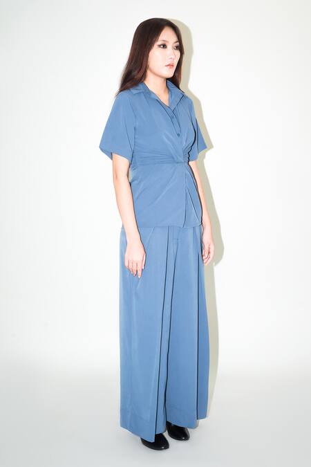 Shop_Leh Studios_Blue Viscose Collared Azure Draped Front Shirt _Online_at_Aza_Fashions