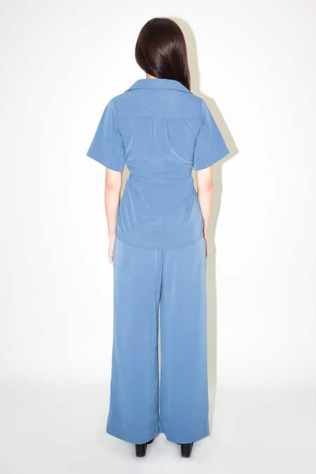 Shop_Leh Studios_Blue Viscose Collared Azure Draped Front Shirt _at_Aza_Fashions